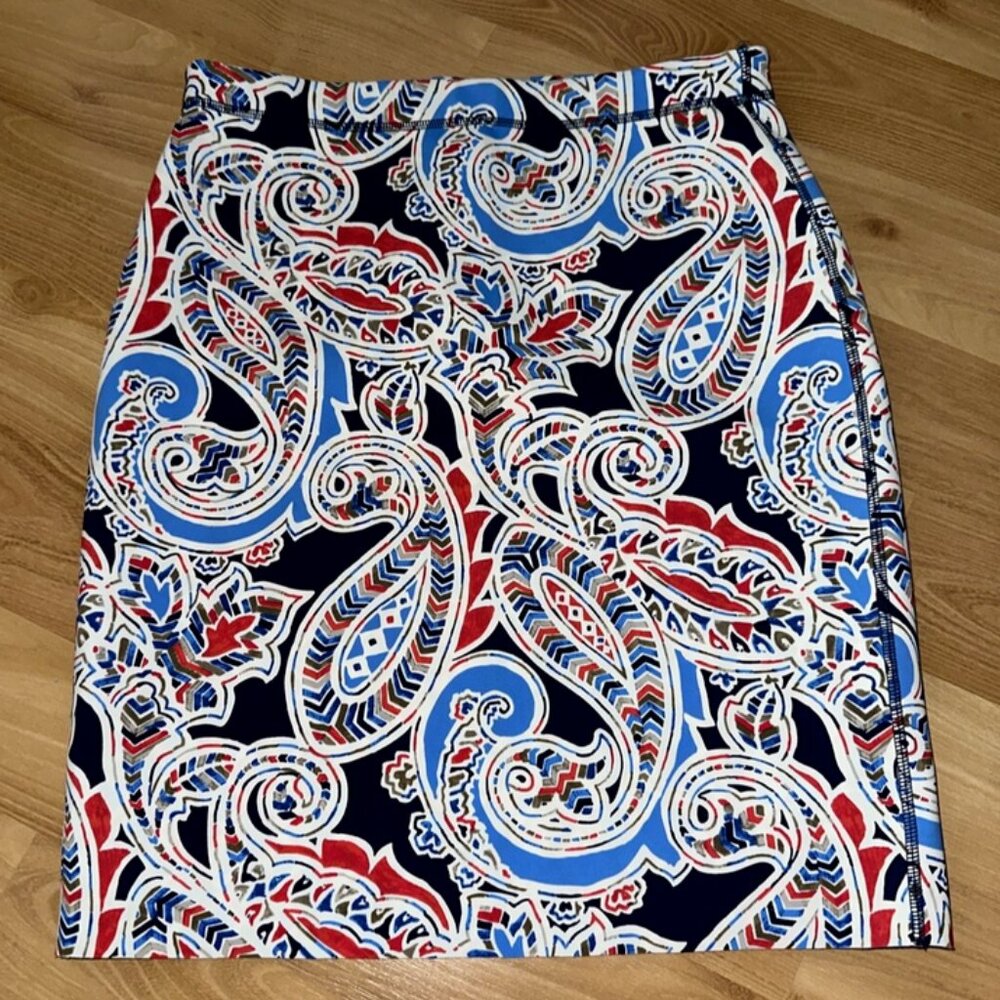 J. McLaughlin Halle Reversible Skirt Scuba Pencil Blue Paisley Geo Size Small